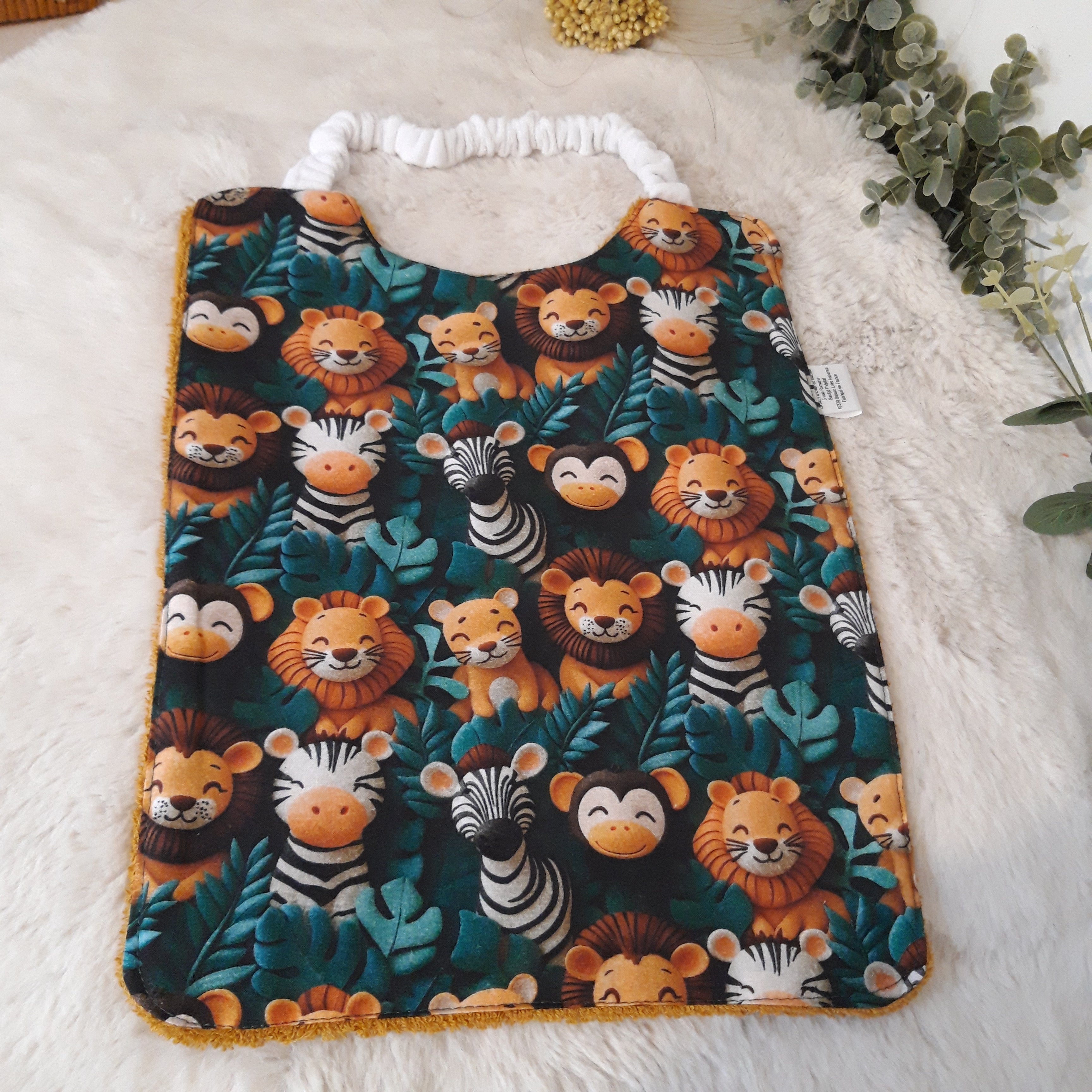 Bavoir élastique lion, zèbre et singe