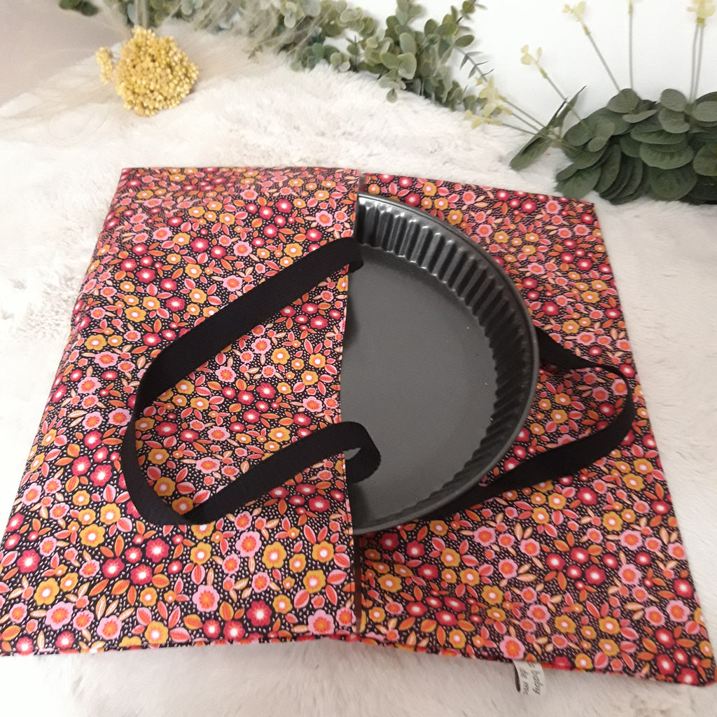 Sac à tarte en tissu enduit - Petites fleurs noires et roses