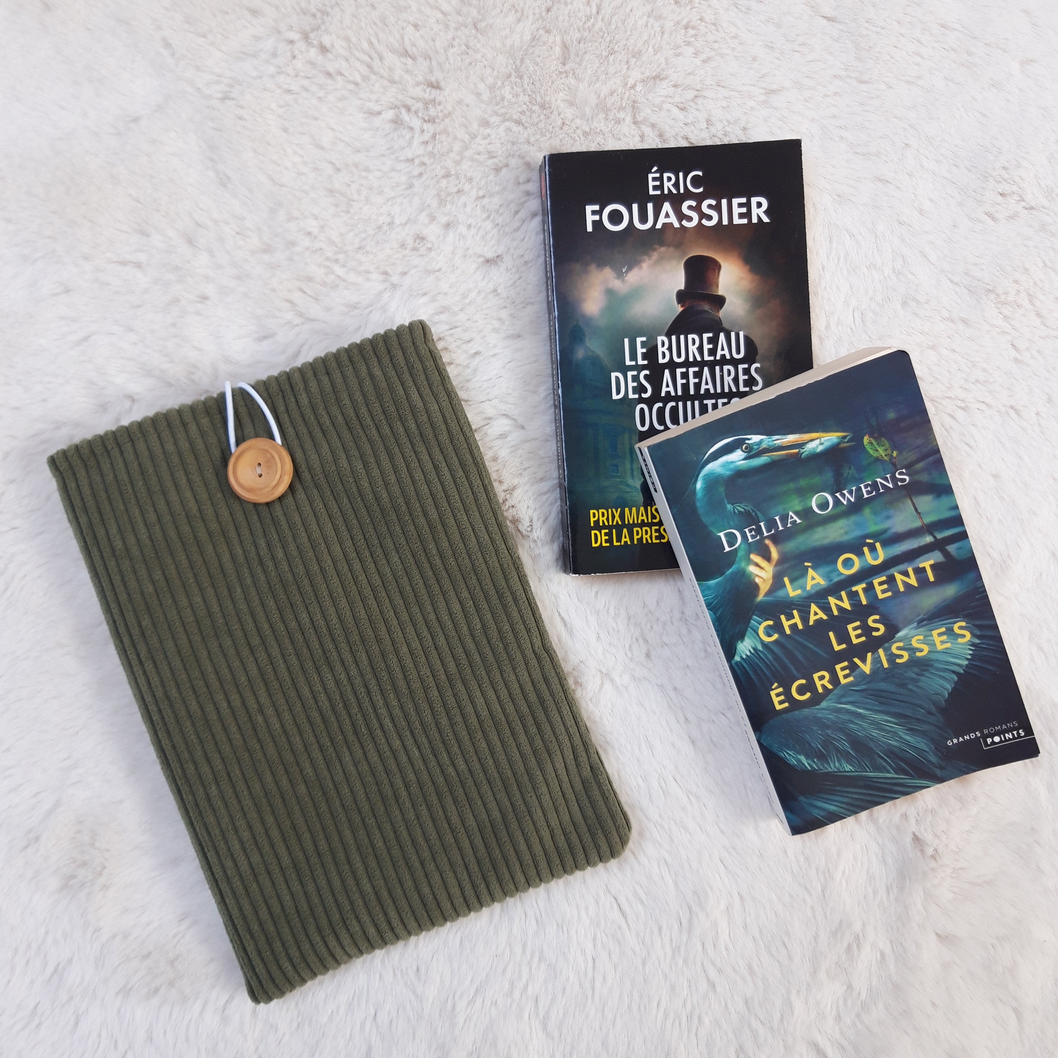 Pochette à livres velours vert olive et fleurs