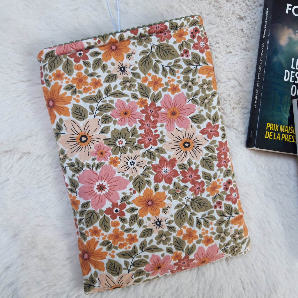 Pochette à livres velours vert olive et fleurs