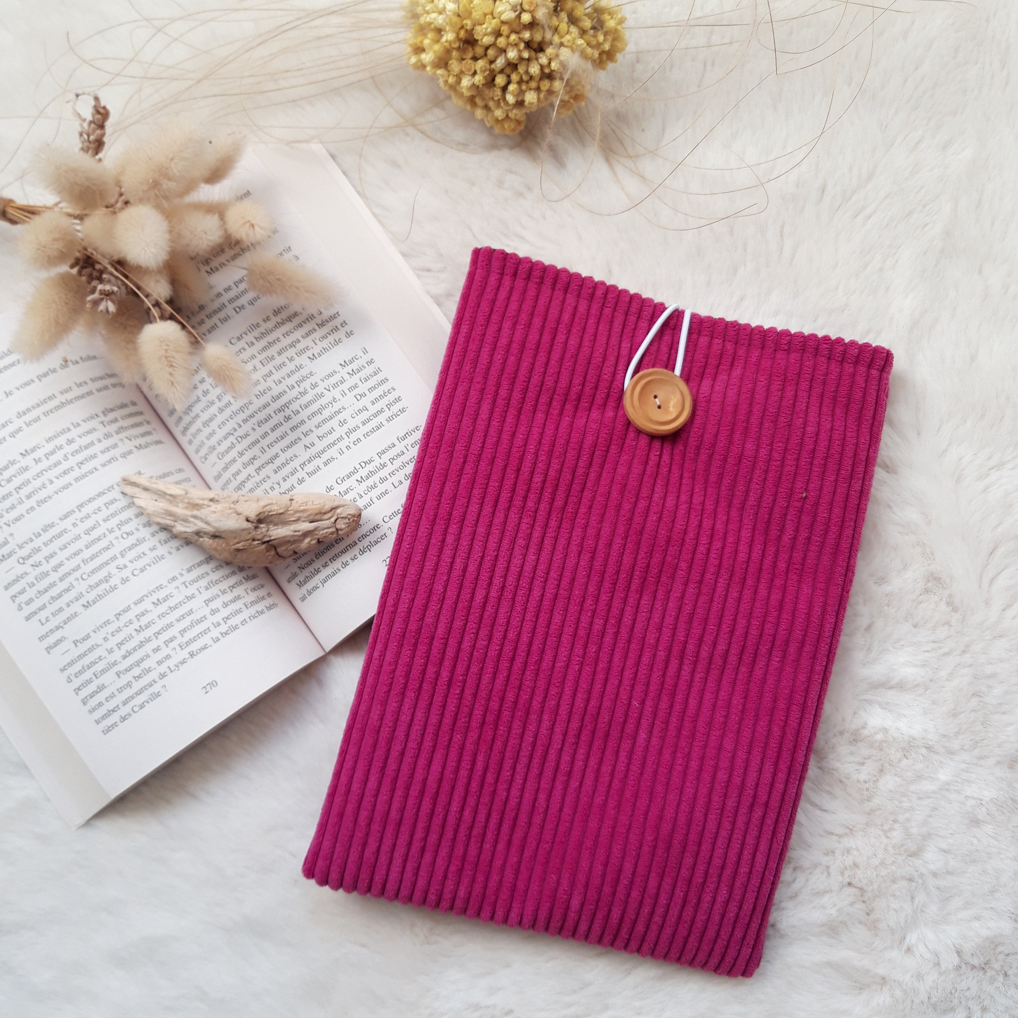 Pochette à livres velours Rose violet avec fleurs japonisantes