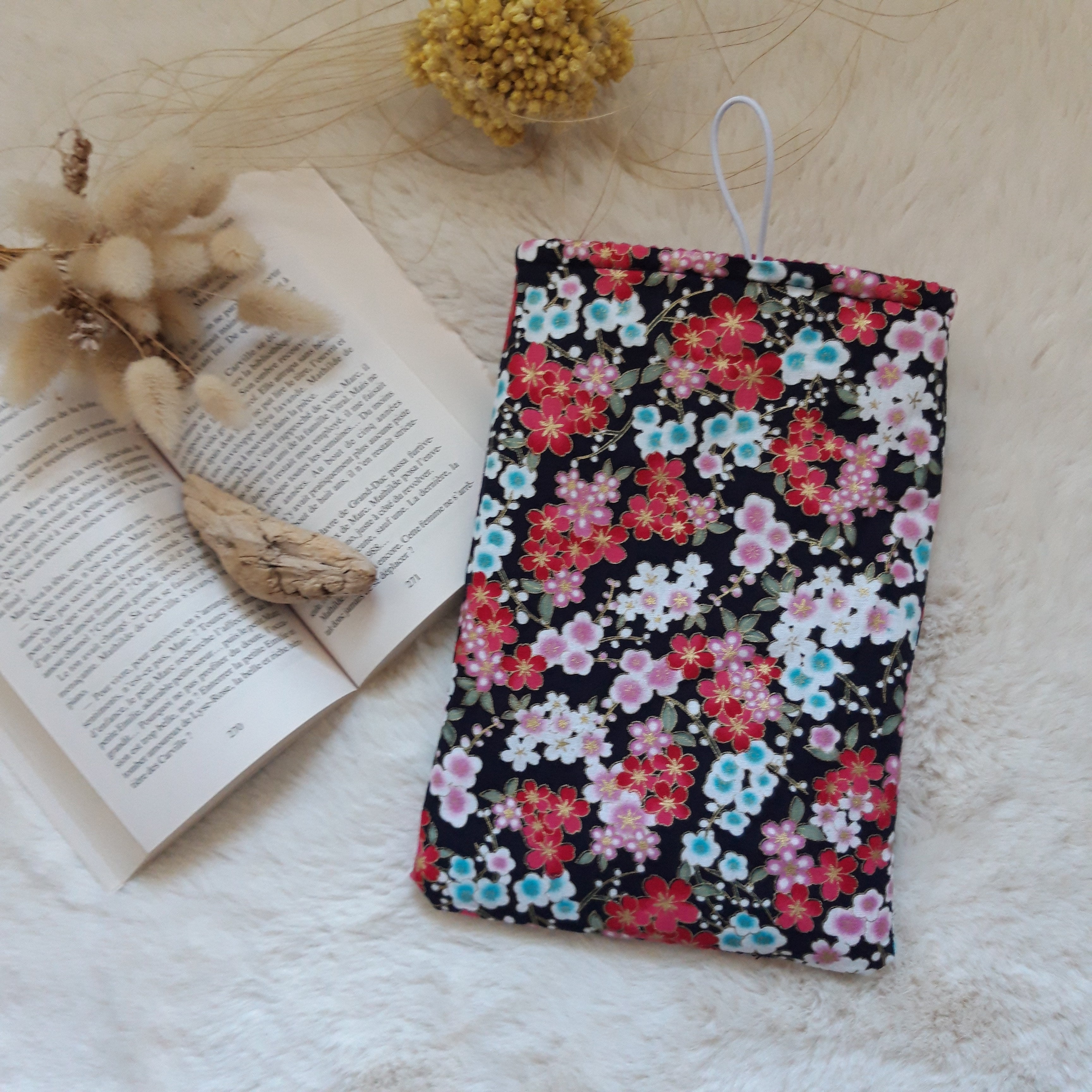 Pochette à livres velours Rose violet avec fleurs japonisantes