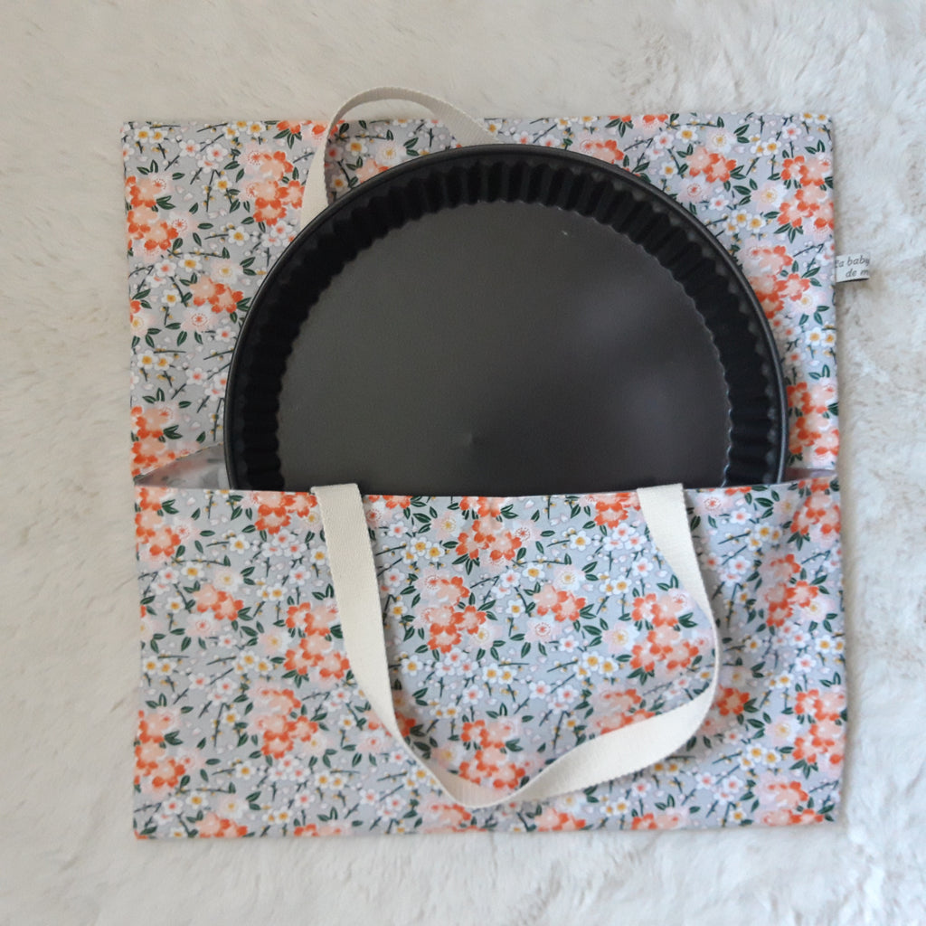 Sac à tarte en tissu enduit - Floral gris et orange