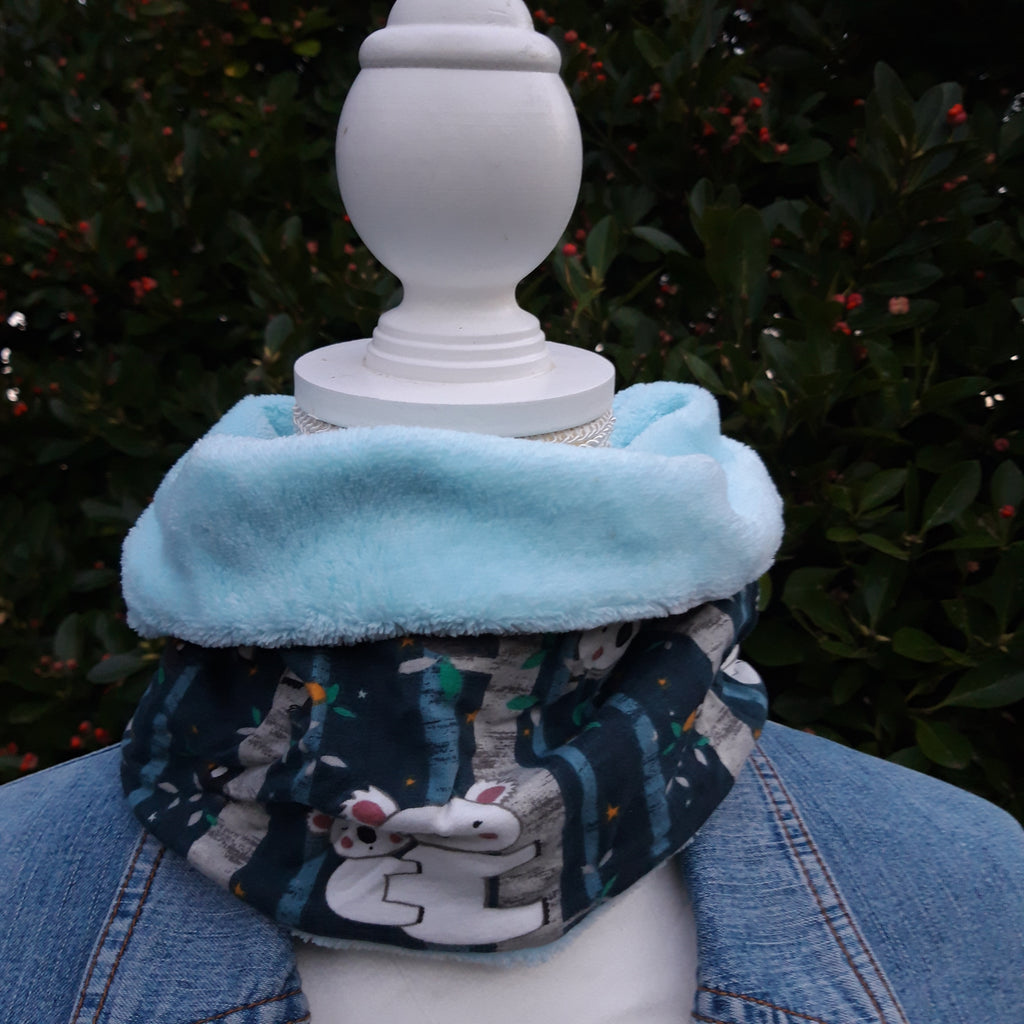 Tour de cou - Snood enfant en polaire bleu et koala en jersey