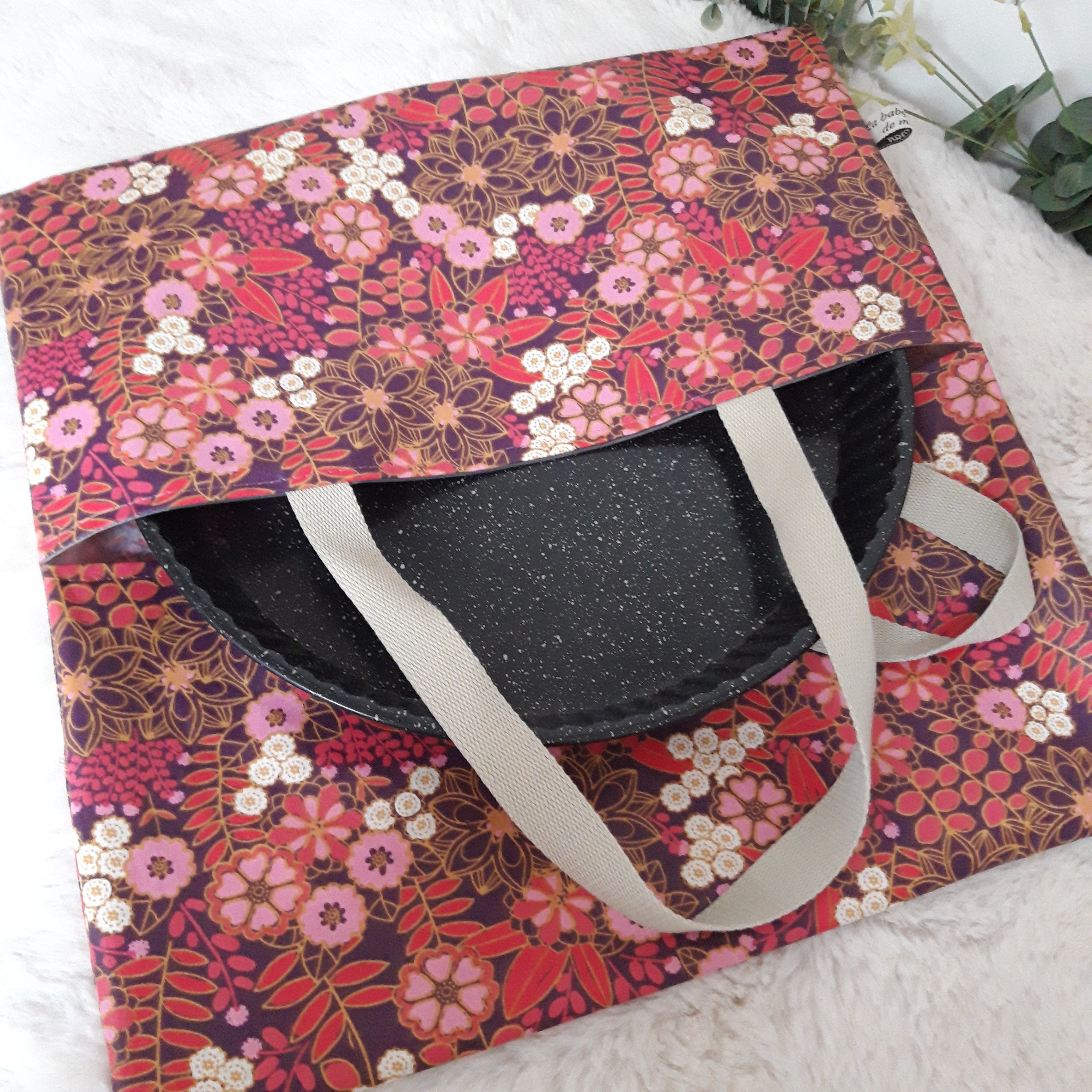 Sac à tarte en tissu enduit - Fleurs roses, fuschia et blanches