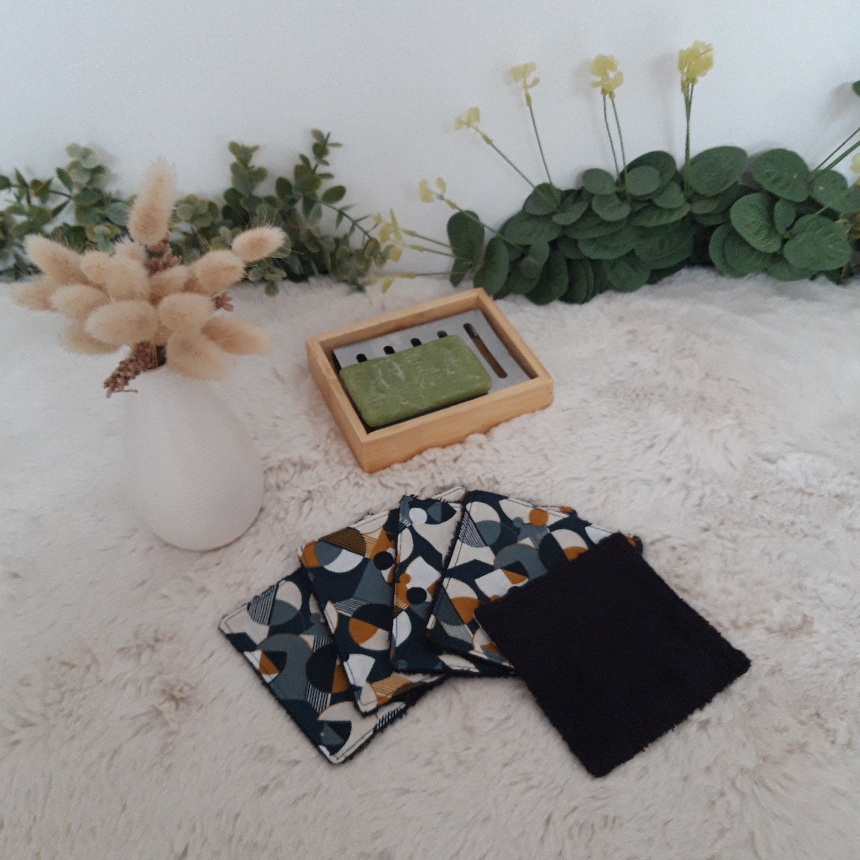 Lot de 5 lingettes bleu et moutarde géométrique