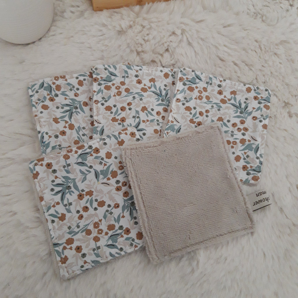 Lot de 5 lingettes fleurs beige et bleues
