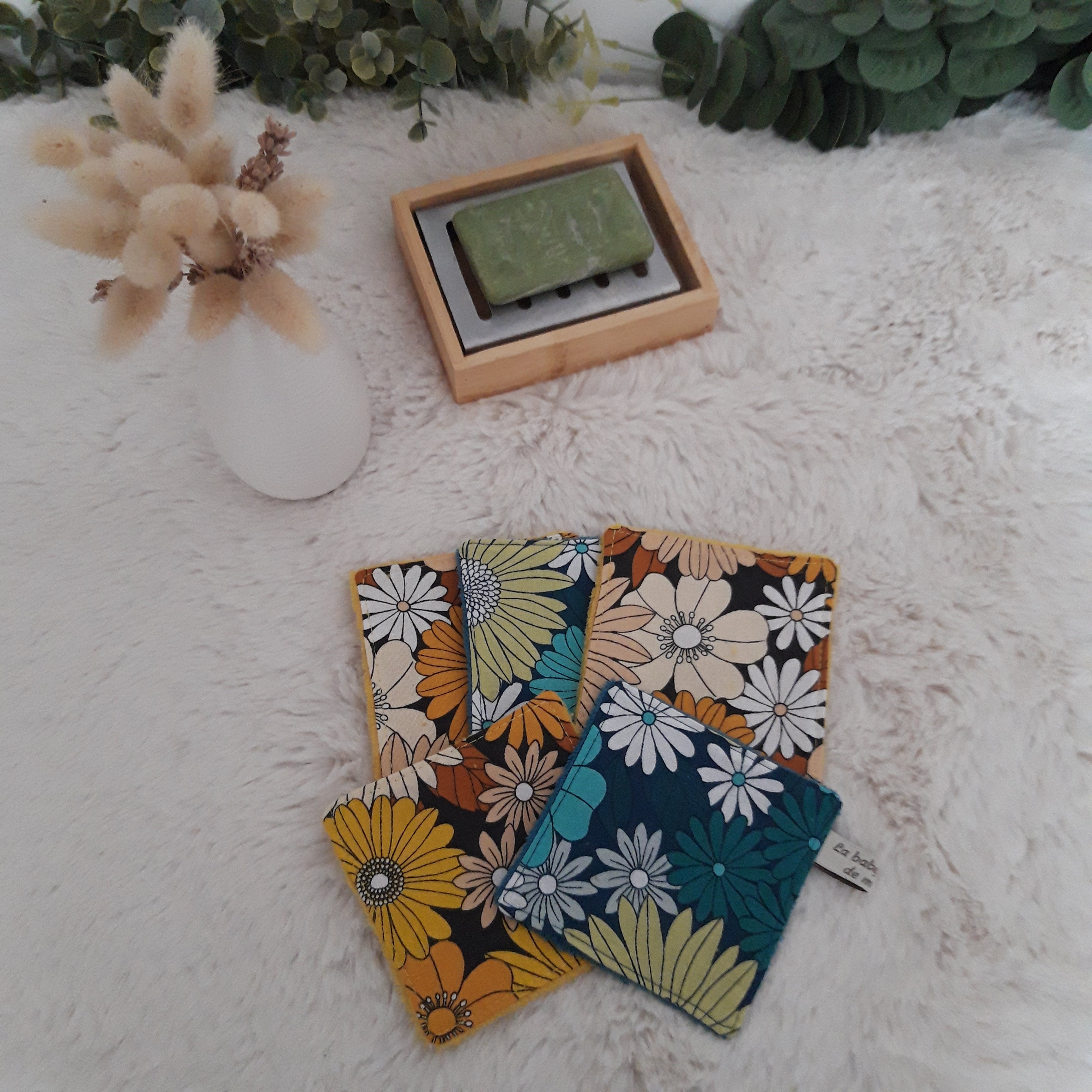 Lot de 5 lingettes vintage jaune et bleu