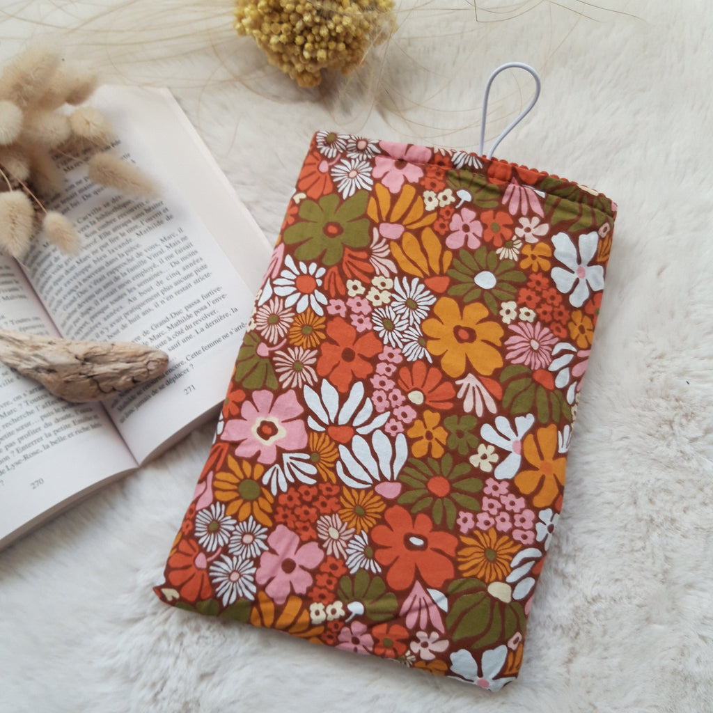 Pochette à livres velours Terracota et fleurs marrons
