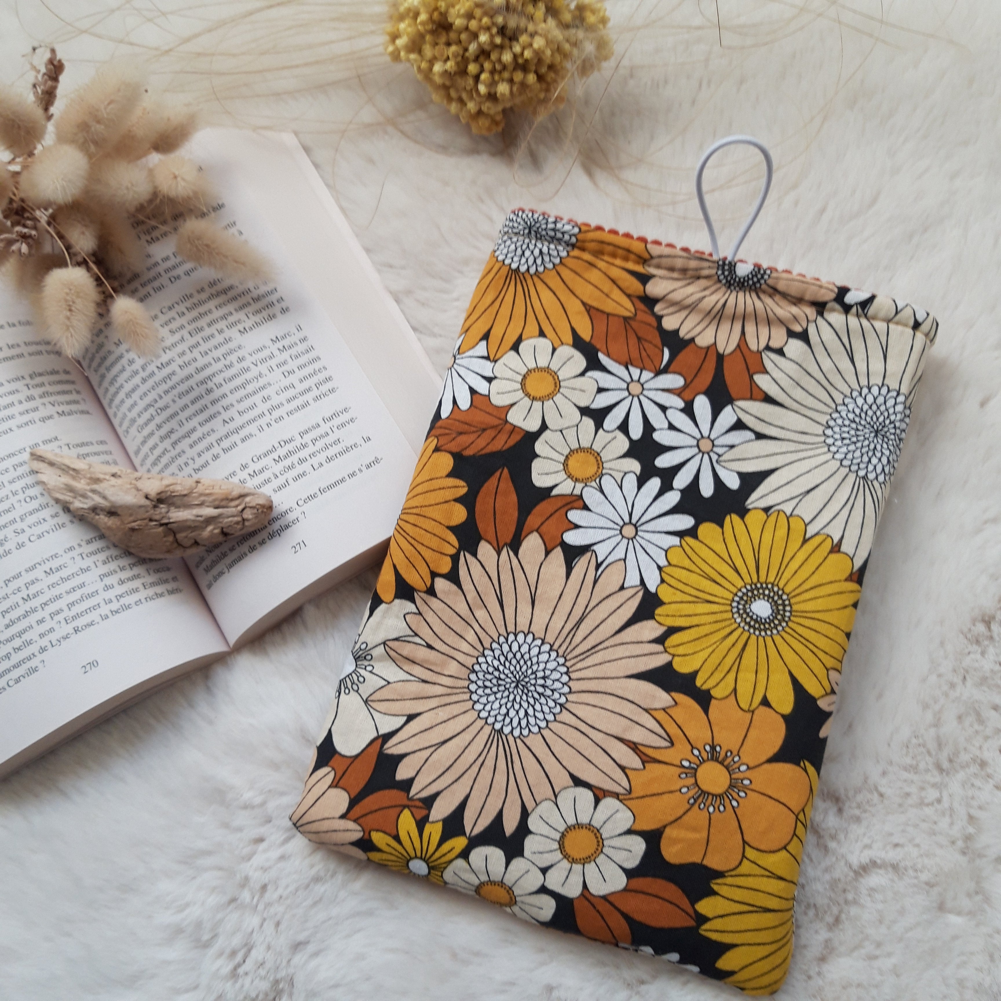 Pochette à livres velours Terracota et fleurs jaunes