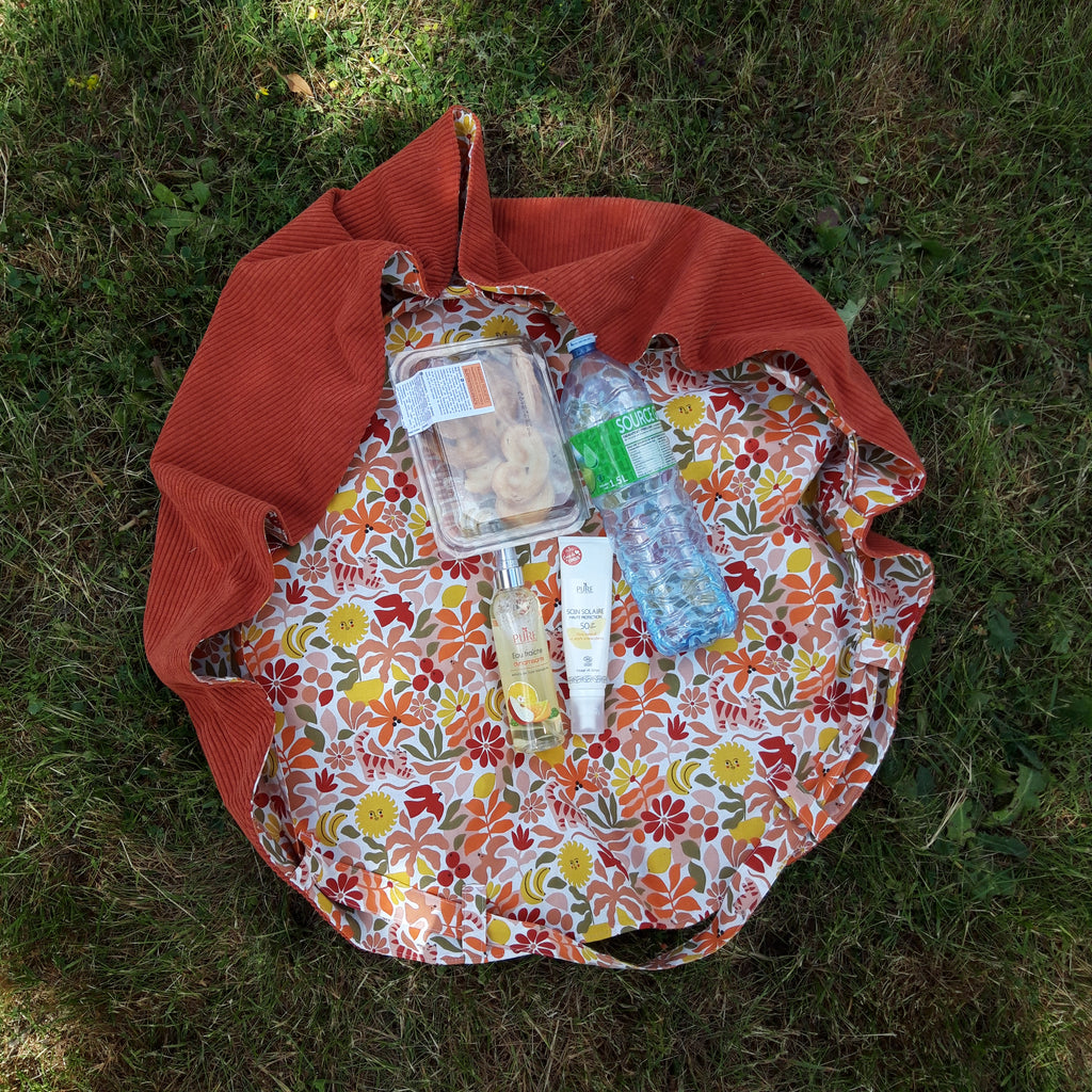 Sac fourre-tout pour les courses velours marron et soleil