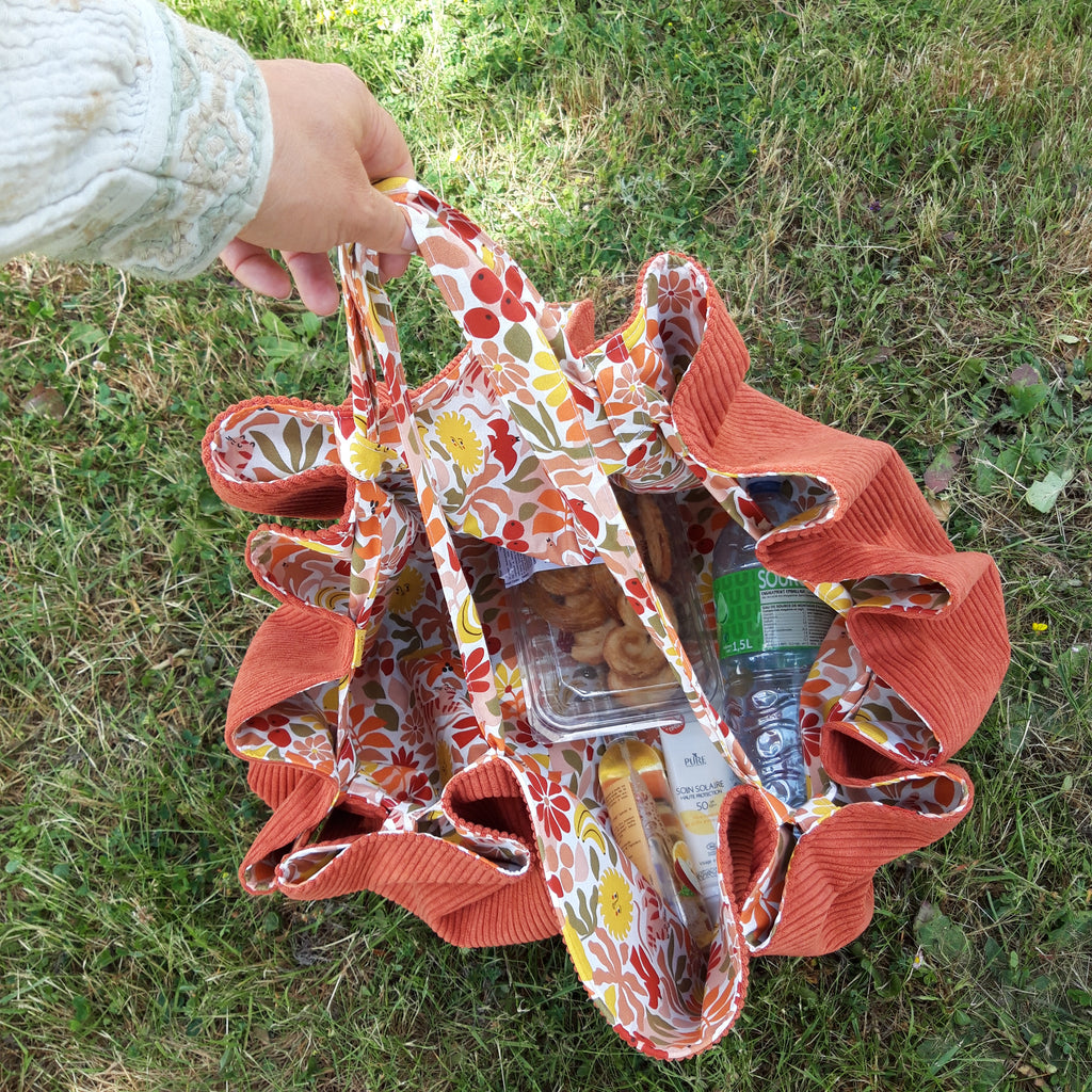 Sac fourre-tout pour les courses velours marron et soleil