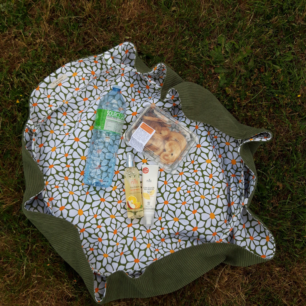 Sac fourre-tout pour les courses velours vert et grosses fleurs