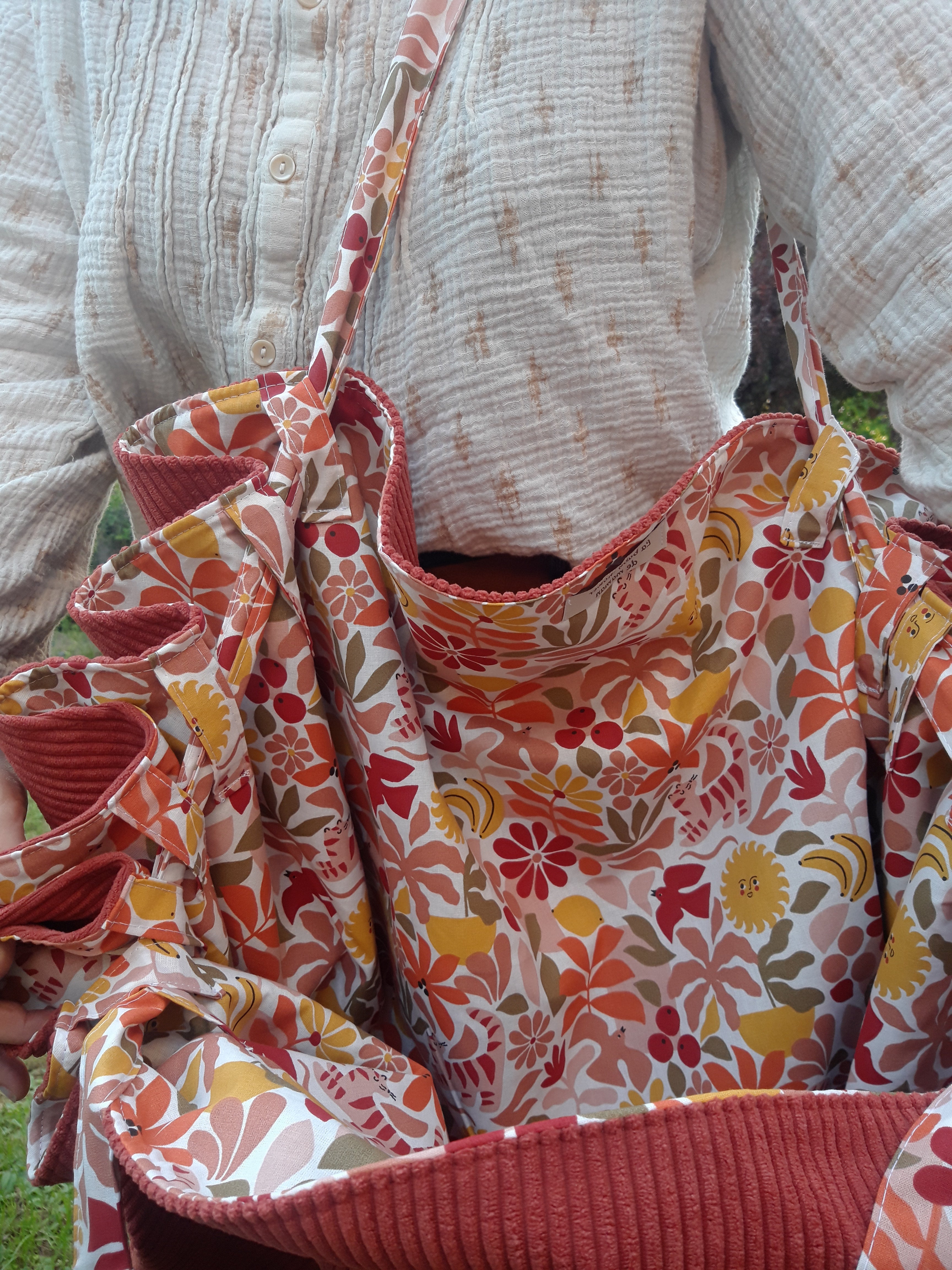 Sac fourre-tout pour les courses velours marron et soleil